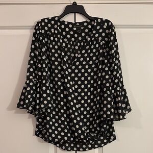 INC International Concepts Black and White 3/4 Sleeve Ruffled Bell Sleeve Blouse